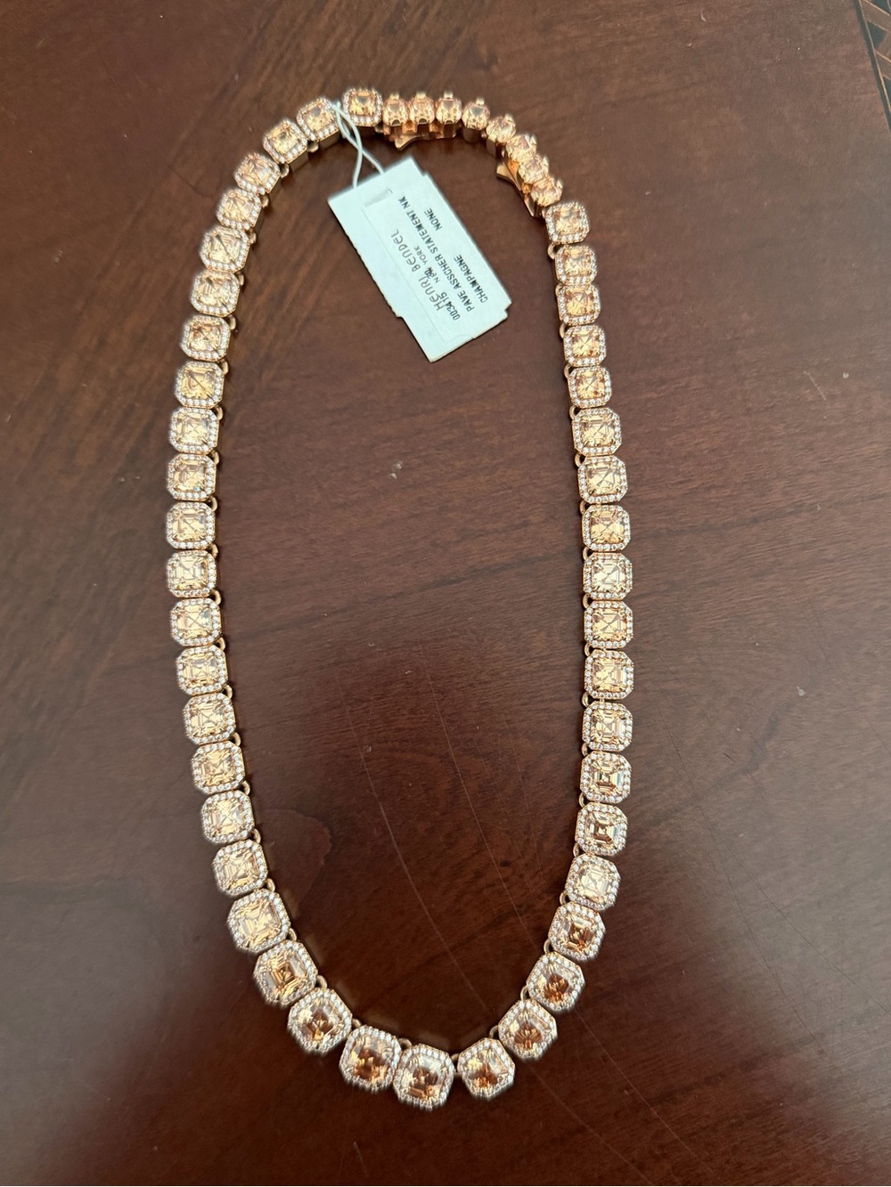 New Henri Bendel Stunning Pave Asscher Champagne Necklace 16" w/tags & Pouch - Picture 1 of 13